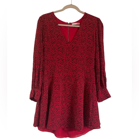 Alice + Olivia Polly Red Leopard Mini Dress Fit & Flare Long Sleeves, Size 10 - Picture 2 of 7